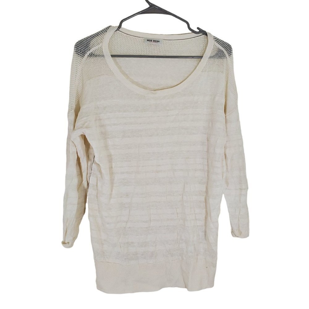 Mos Mosh 100% Linen Open Quiet Luxury Old Money Stripes Top Womens M Off-White
